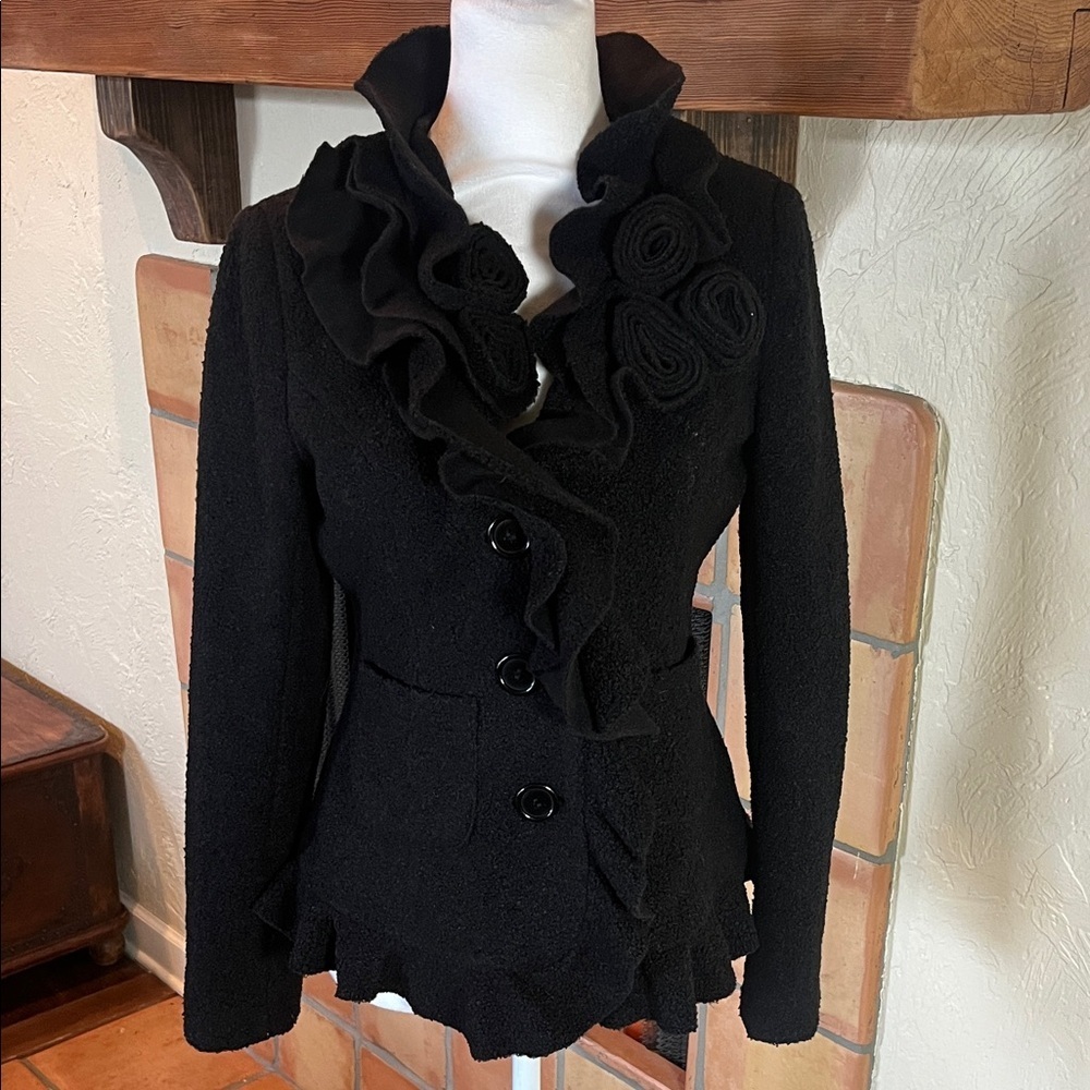 Boston Proper Black Boucle Rosette Fitted Blazer Style Jacket, size 8